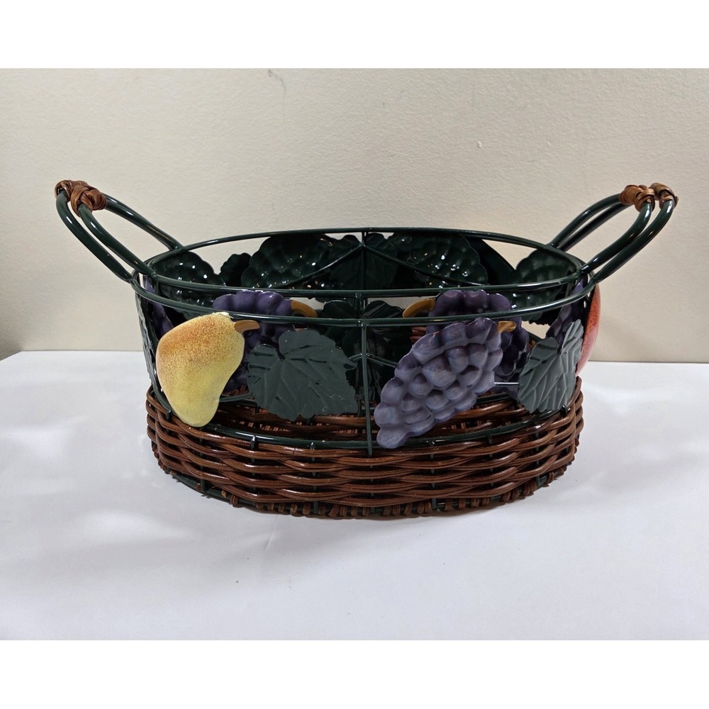 Vtg Pair Metal & Wicker Nesting Baskets W/Fruit Detail & Handles Oval Shape